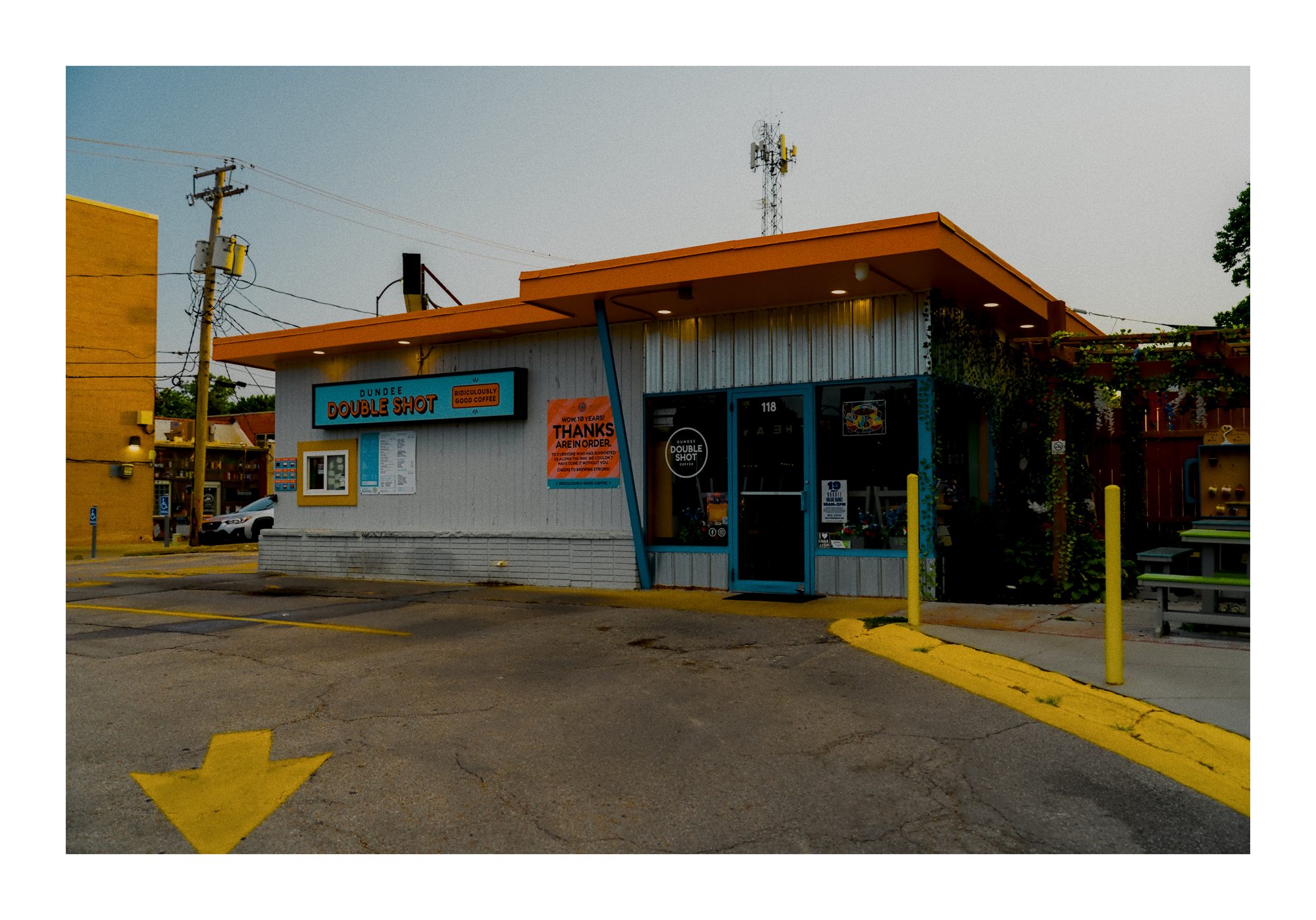 A colorful neighborhood restaurant exterior.